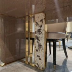 White Marble Dining Table with Woven Leather Side Panels and Polished Metal Frame